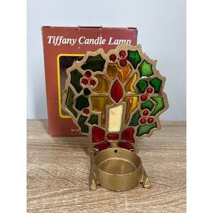 Vintage Robert Alan Tiffany Candle Lamp Christmas Wreath Stained Glass Style